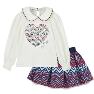 A Dee Chevron Charm girls ivory heart top with chevron print skirt