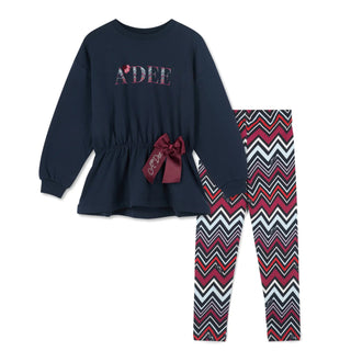 A Dee Chevron Charm girls navy tunic with burgundy bow and chevron print leggings