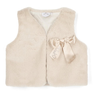 A Dee Eau De A Dee girls champagne faux fur gilet with satin bow fastening and crystal logo detail