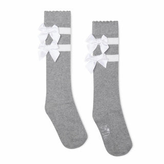 A Dee Eau De A Dee girls grey knee high socks with white stripes and double satin bows