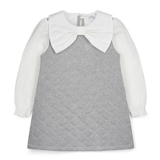 A Dee Eau De A Dee girls grey quilted dress with ivory long sleeves and oversized bow neckline