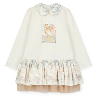 A Dee Eau De A Dee girls ivory dress with perfume bottle print, satin bow, printed frill hem and tulle underskirt