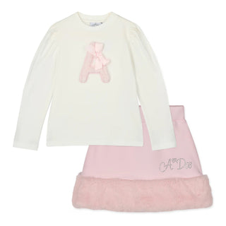 A Dee Winter Bloom girls ivory long sleeve top with faux fur A applique and blush pink faux fur hem skirt