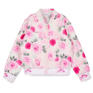 A Dee Winter Bloom girls pink rose print bomber jacket with zip fastening