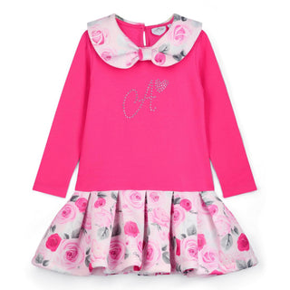 A Dee Winter Bloom girls pink long sleeve dress with rose print bow collar and floral skirt