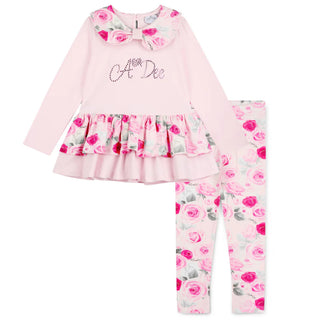 A Dee Winter Bloom girls blush pink peplum top with rose print collar and matching floral leggings