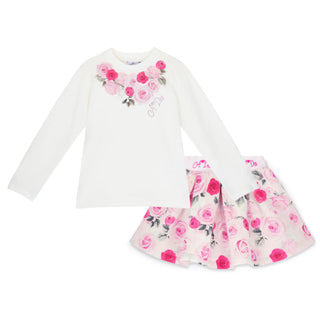 A Dee Winter Bloom girls ivory long sleeve top with pink rose print skirt set