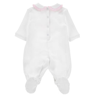 Monnalisa white baby romper with frill collar and popper fastening