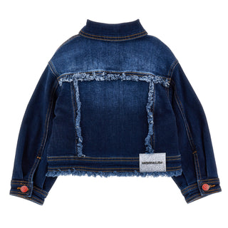 Blue denim jacket with frayed edges on a By Monnalisa white background