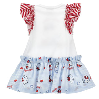 White dress with red and white striped sleeves and a blue skirt with Hello Kitty print on a white background.