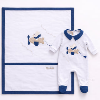 Bimbalo boys aeroplane babygrow and blanket newborn gift set