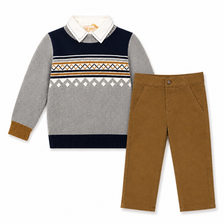 Bimbalo boys navy and grey knitted jumper with white shirt and camel trousers AW26