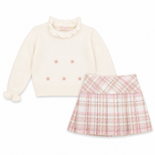 Bimbalo girls cream knitted jumper and pink tartan pleated skirt set AW26
