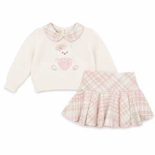 Bimbalo girls cream teddy jumper and pink tartan skirt set AW26