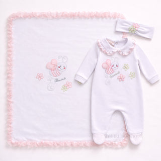 Bimbalo girls pink bee babygrow blanket and headband newborn gift set
