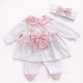 Bimbalo girls pink floral babygrow set with bow and matching headband