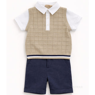 Boys Bimbalo beige knitted tank top white shirt navy shorts smart boys outfit