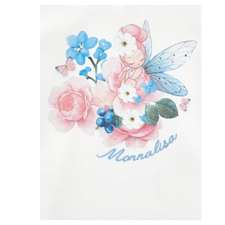 Close-up of Monnalisa fairy floral graphic with roses and blue flowers