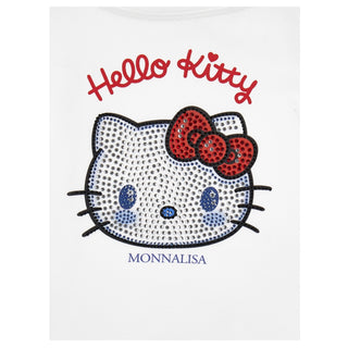 Hello Kitty face with red bow and 'Monnalisa' branding on a white background
