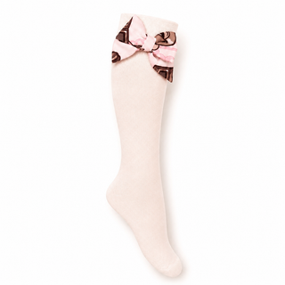 Daga Chocolate Teddy ivory knee high socks with pink teddy print bow for girls