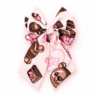Daga Chocolate Teddy oversized pink hair bow clip with chocolate and teddy print for girls