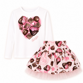 Daga Chocolate Teddy girls white top and pink printed skirt set with chocolate and strawberry design