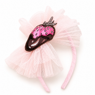 Daga Chocolate Teddy girls pink tulle bow headband with chocolate dipped strawberry detail