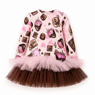Daga Chocolate Teddy girls pink printed dress with layered blush and chocolate tulle skirt