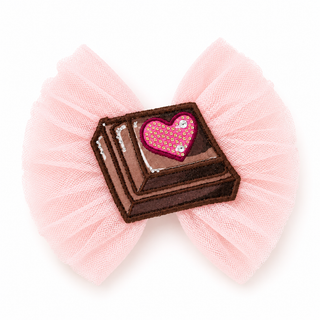 Daga Chocolate Teddy girls pink tulle hair bow clip with chocolate heart embellishment
