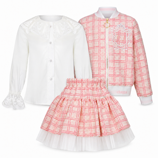 Daga Lace & Grace girls skirt set with lace blouse, pink tweed skirt and matching jacket