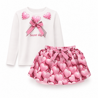 Daga Love Story girls white top and pink heart print skirt set with pearl heart appliqués