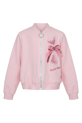 Daga Love Story girls blush pink zip-up jacket with pearl heart appliqués and velvet bow