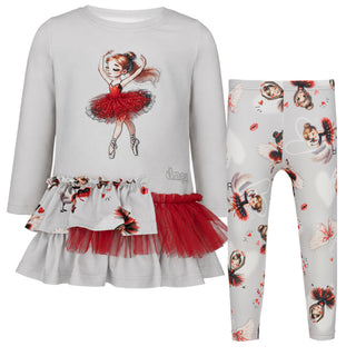 Daga Mini Prima girls leggings set with ballerina print top, printed leggings and tutu skirt