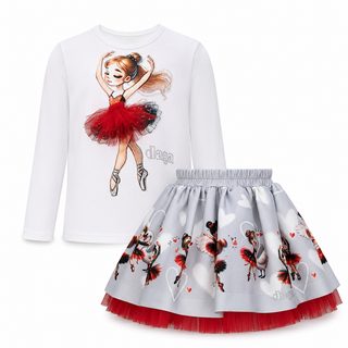 Daga Mini Prima girls skirt set with ballerina print top and grey tutu skirt