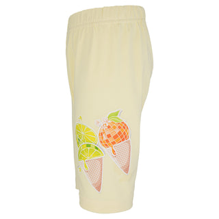 Light yellow shorts with ice cream cone and lemon design on a white background