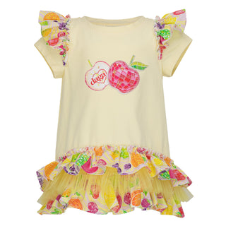 Children's dress with colorful fruit patterns on a white background