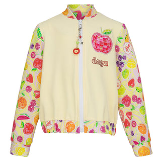 Daga tutti frutti zip jacket for girls in pastel yellow with fruit print sleeves
