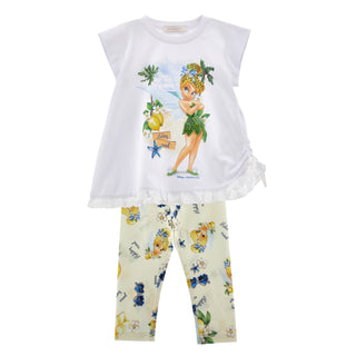  Girls Disney Tinkerbell white top and printed leggings outfit by Monnalisa - luxury children’s wear from My Girl Boutique