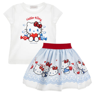 Hello Kitty outfit a white top and blue skirt on a white background