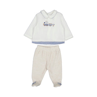 Mayoral Baby Boys Cream &amp; Blue Embroidered Aeroplane Two Piece