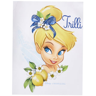Close-up of Tinker Bell print with blue bow and lemons on Monnalisa white top