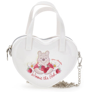 Monnalisa Winnie the Pooh heart bag in white with strawberry print and top handles.