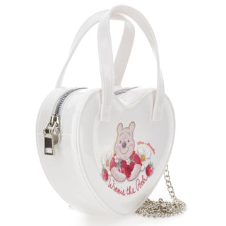 Side view of Monnalisa Winnie The Pooh heart shaped bag with silver chain strap