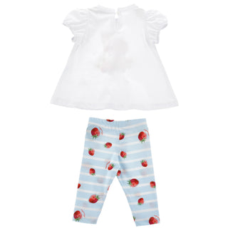 Back view of Monnalisa baby girls Winnie The Pooh strawberry top and blue strawberry leggings