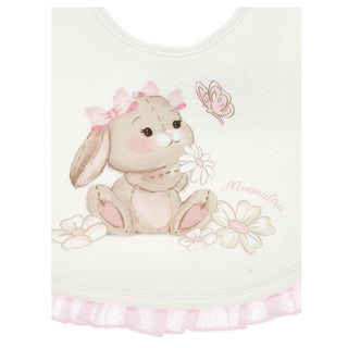 Monnalisa baby girl bunny bib with pink frill trim and floral print