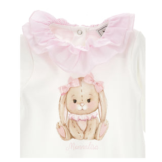 Monnalisa baby girl bunny sleepsuit with pink ruffle collar and bunny print