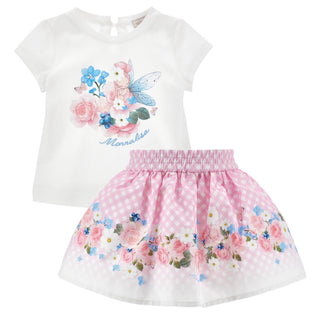 Monnalisa baby girl fairy top and pink gingham floral skirt set front view