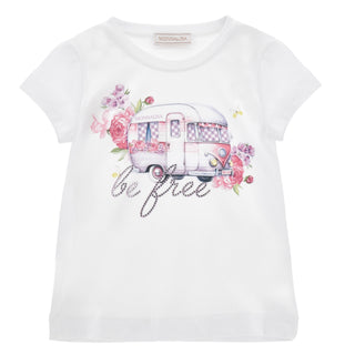 White Monnalisa t-shirt with rhinestone “Be Free” design