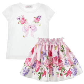 Monnalisa girls butterfly print t-shirt and floral gingham skirt set
