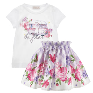 Monnalisa girls be free t-shirt and lilac gingham floral skirt